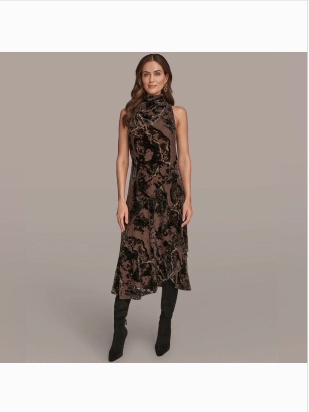 Donna Karan Sleeveless Chocolate Brown Burnout Gold Metallic Velvet Midi Dress